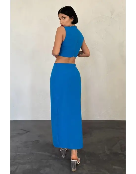Omarı Şık Turkuaz Kuşaklı Crop Ve Etek Takımı