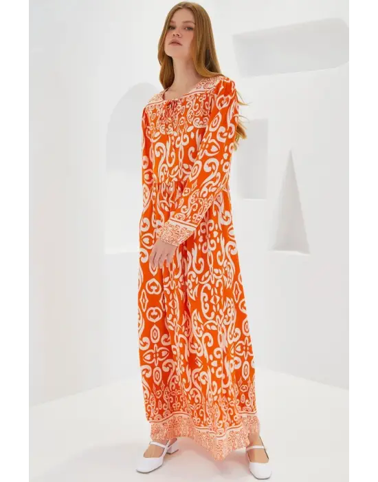 Turuncu Ekru Desenli Uzun Viskon Elbise 1947