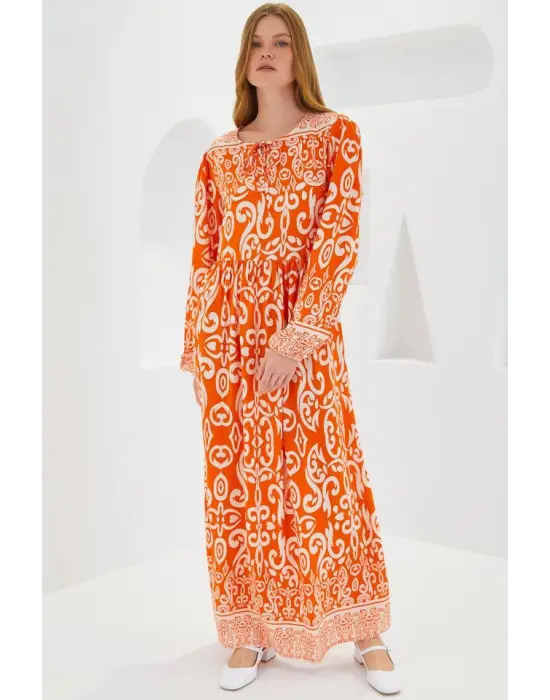 Turuncu Ekru Desenli Uzun Viskon Elbise 1947