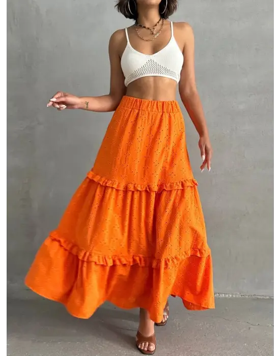 Omarı Turuncu Fırfırlı Uzun Etek