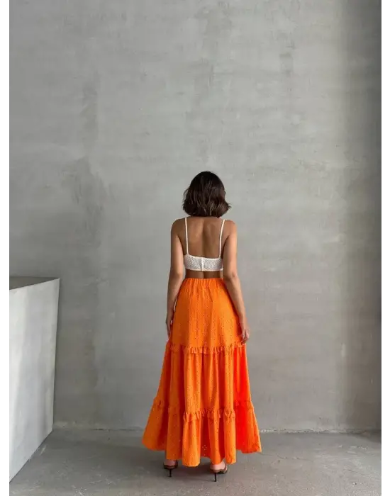Omarı Turuncu Fırfırlı Uzun Etek