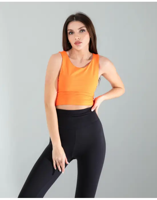 Omarı Kalın Askılı Turuncu Crop Üst - Scuba Kumaş