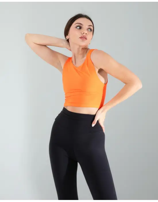 Omarı Kalın Askılı Turuncu Crop Üst - Scuba Kumaş