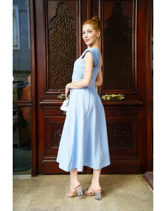 Omarı Mavi Prenses Elbise U Yaka Modası