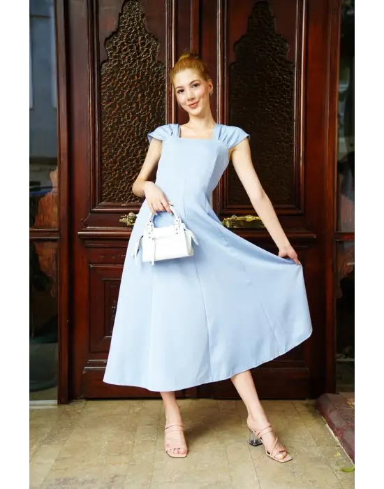 U yaka prenses elbise mavi s255101