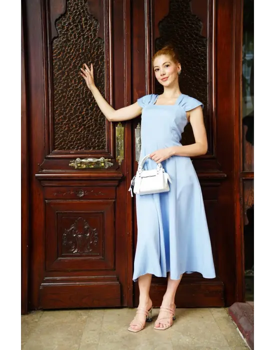 Omarı Mavi Prenses Elbise U Yaka Modası