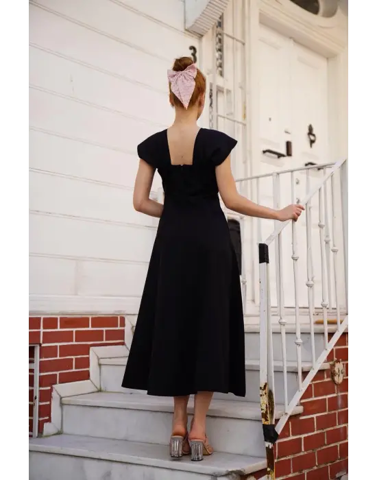 U yaka prenses elbise siyah s255101