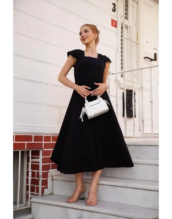 U yaka prenses elbise siyah s255101