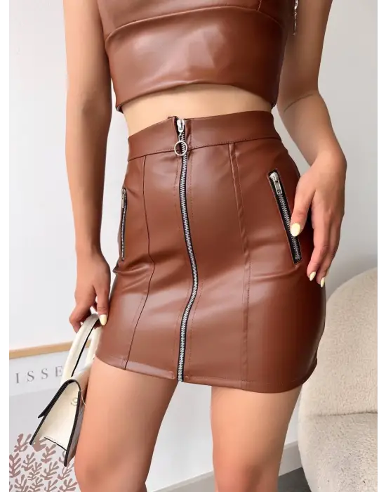 Üç fermuarlı deri etek kahve s24510