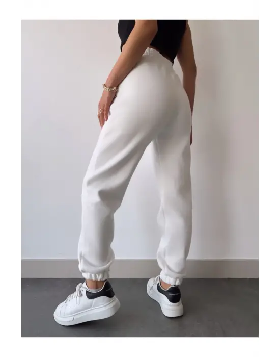Üç İplik Basic Lastikli Eşofman Pantolon - Beyaz