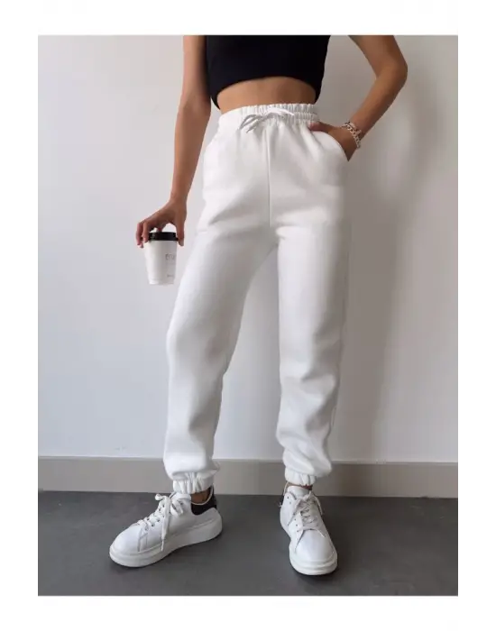 Üç İplik Basic Lastikli Eşofman Pantolon - Beyaz