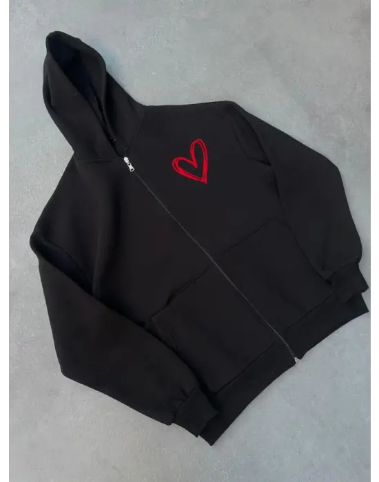 Omarı Baskılı Fermuarlı Kapşonlu Siyah Hırka