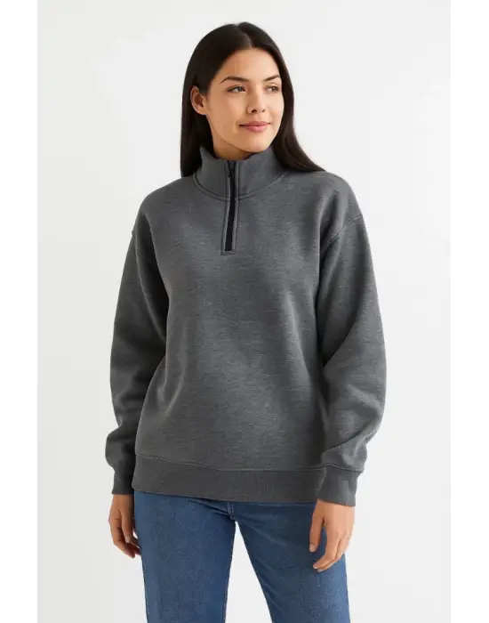 Üç İplik Dık Yaka Yarım Fermuarlı SweatShirt - Antrasit