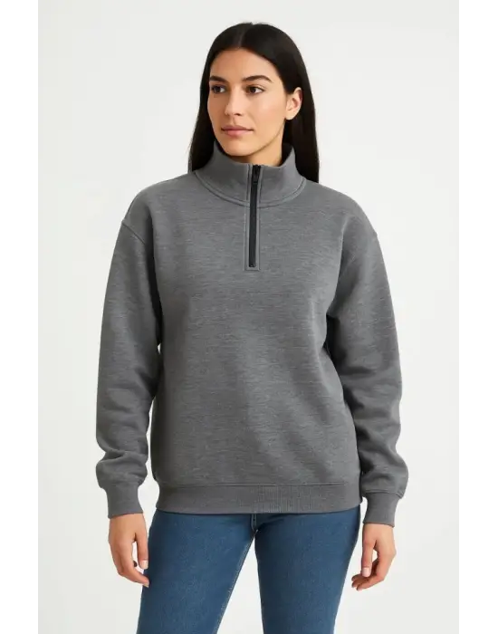 Üç İplik Dık Yaka Yarım Fermuarlı SweatShirt - Antrasit
