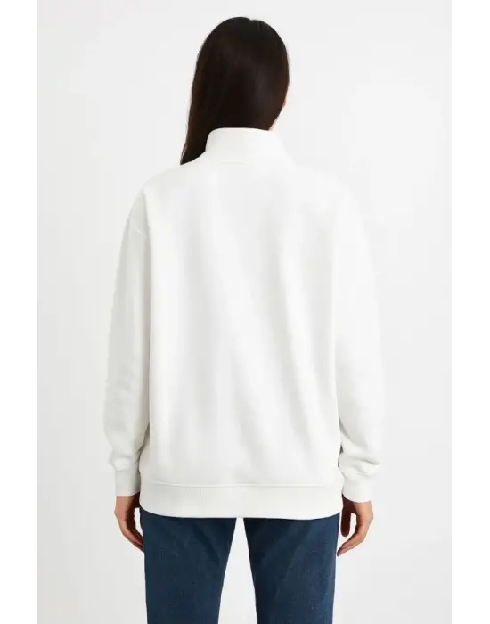 Üç İplik Dık Yaka Yarım Fermuarlı SweatShirt - Beyaz