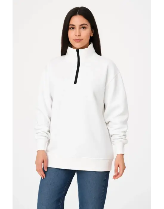Üç İplik Dık Yaka Yarım Fermuarlı SweatShirt - Beyaz