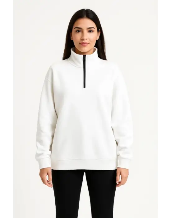 Üç İplik Dık Yaka Yarım Fermuarlı SweatShirt - Beyaz