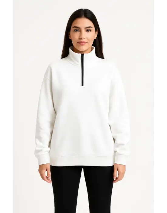 Üç İplik Dık Yaka Yarım Fermuarlı SweatShirt - Beyaz