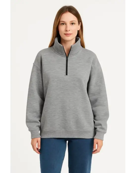 Üç İplik Dık Yaka Yarım Fermuarlı SweatShirt - Gri