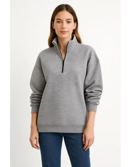 Üç İplik Dık Yaka Yarım Fermuarlı SweatShirt - Gri