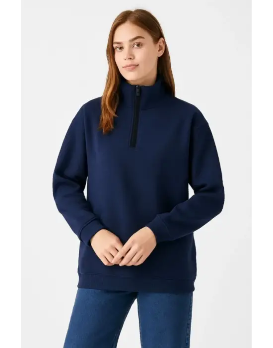Üç İplik Dık Yaka Yarım Fermuarlı SweatShirt - Lacivert