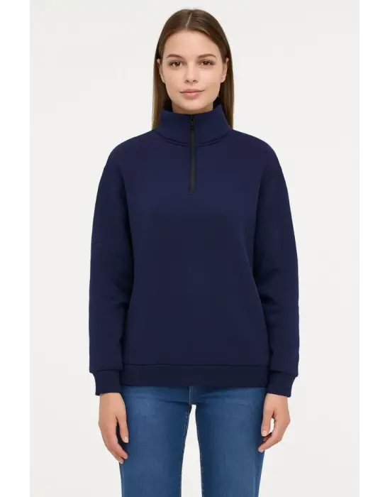 Üç İplik Dık Yaka Yarım Fermuarlı SweatShirt - Lacivert