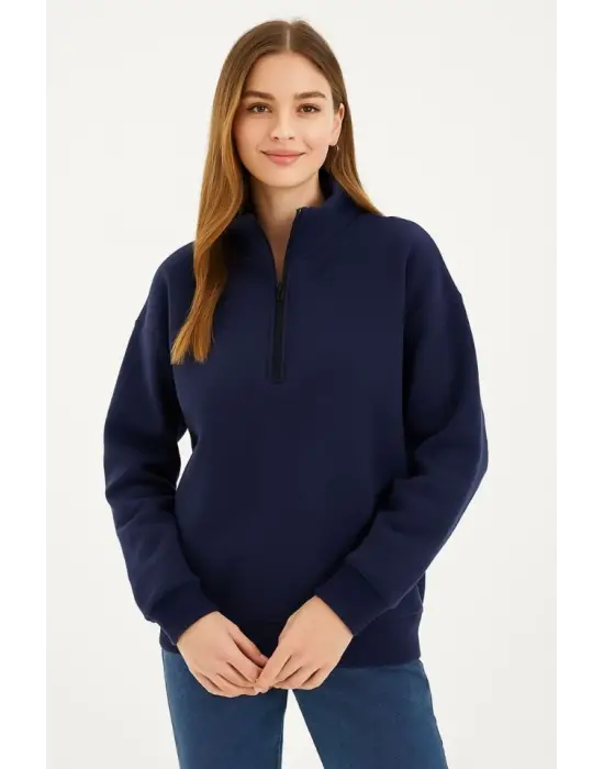 Üç İplik Dık Yaka Yarım Fermuarlı SweatShirt - Lacivert