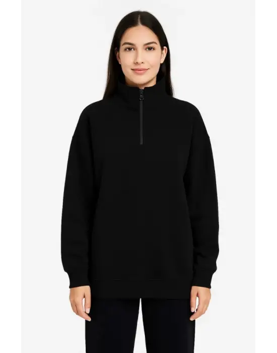 Üç İplik Dık Yaka Yarım Fermuarlı SweatShirt - Siyah