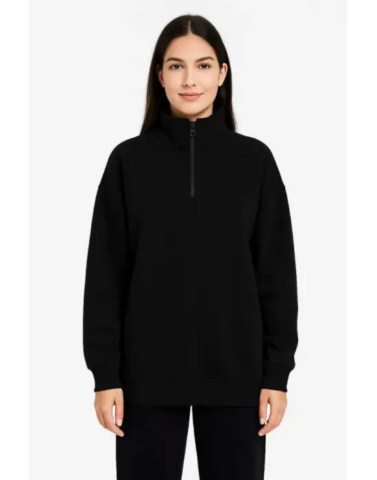 Üç İplik Dık Yaka Yarım Fermuarlı SweatShirt - Siyah