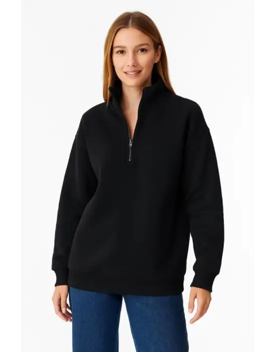 Üç İplik Dık Yaka Yarım Fermuarlı SweatShirt - Siyah