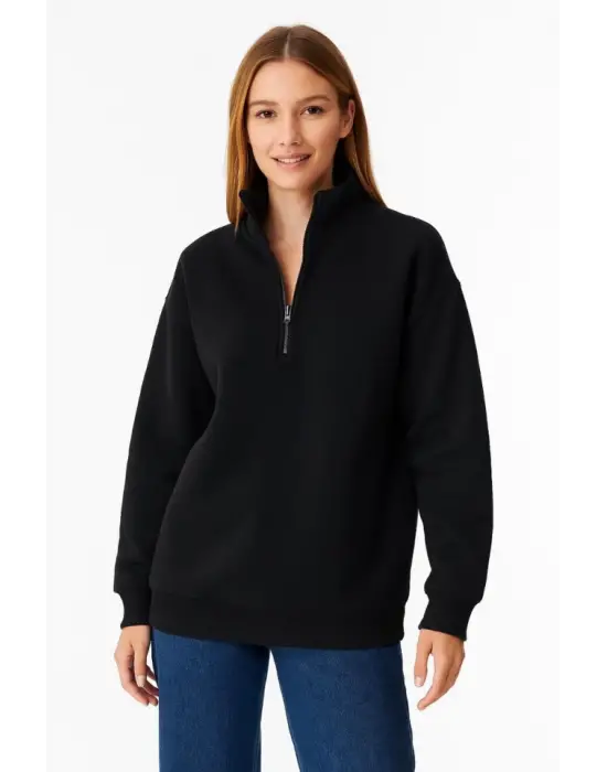 Üç İplik Dık Yaka Yarım Fermuarlı SweatShirt - Siyah