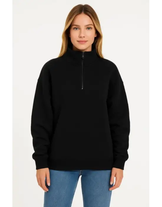 Üç İplik Dık Yaka Yarım Fermuarlı SweatShirt - Siyah