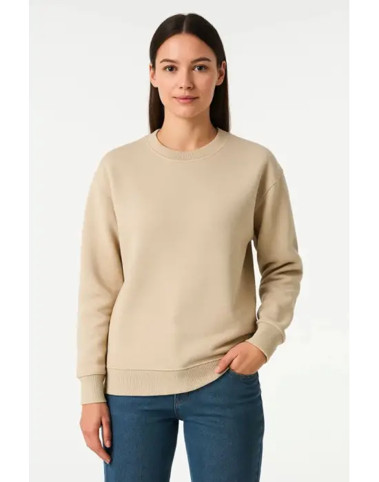 Üç İplik Düz Bisiklet Yaka SweatShirt - Bej
