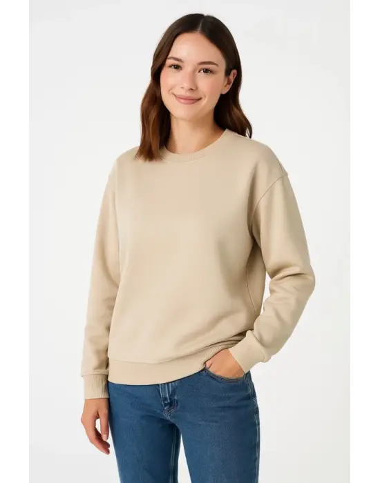 Üç İplik Düz Bisiklet Yaka SweatShirt - Bej