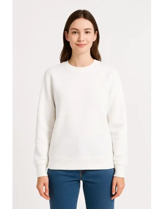 Üç İplik Düz Bisiklet Yaka SweatShirt - Beyaz