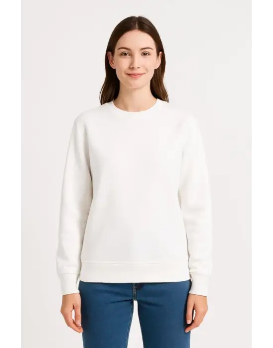 Üç İplik Düz Bisiklet Yaka SweatShirt - Beyaz