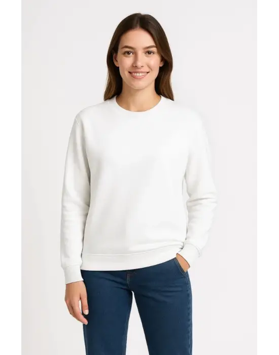 Üç İplik Düz Bisiklet Yaka SweatShirt - Beyaz