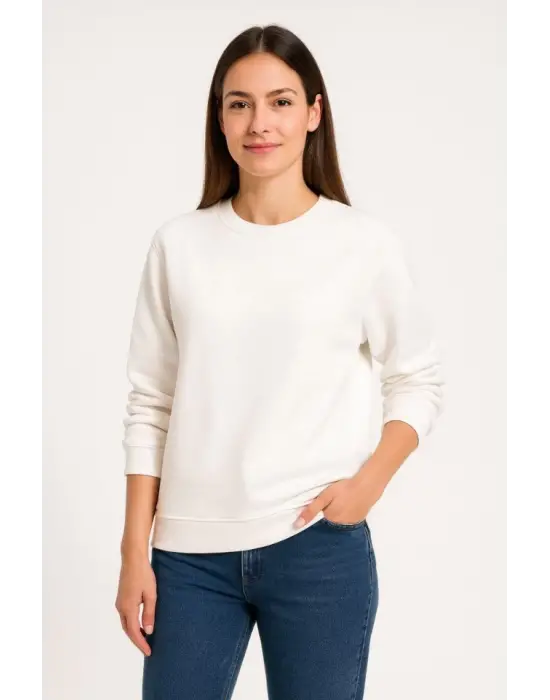 Üç İplik Düz Bisiklet Yaka SweatShirt - Beyaz