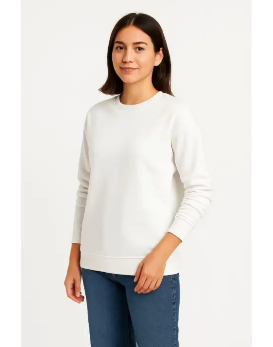 Üç İplik Düz Bisiklet Yaka SweatShirt - Beyaz