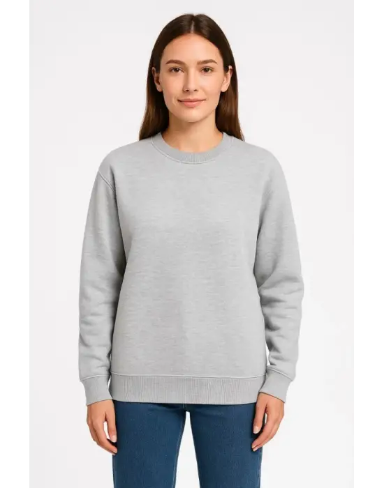 Üç İplik Düz Bisiklet Yaka SweatShirt - Gri
