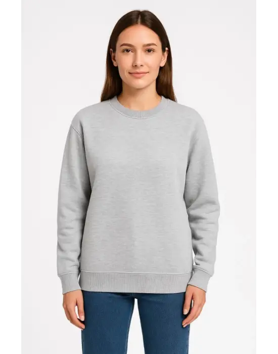 Üç İplik Düz Bisiklet Yaka SweatShirt - Gri