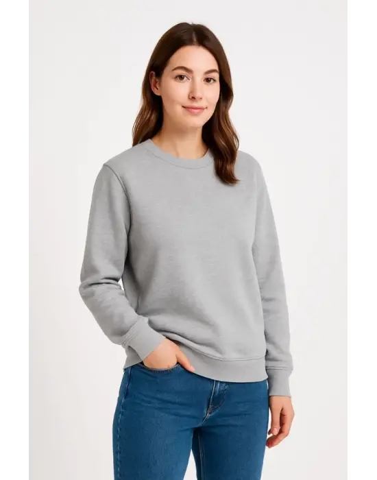 Üç İplik Düz Bisiklet Yaka SweatShirt - Gri