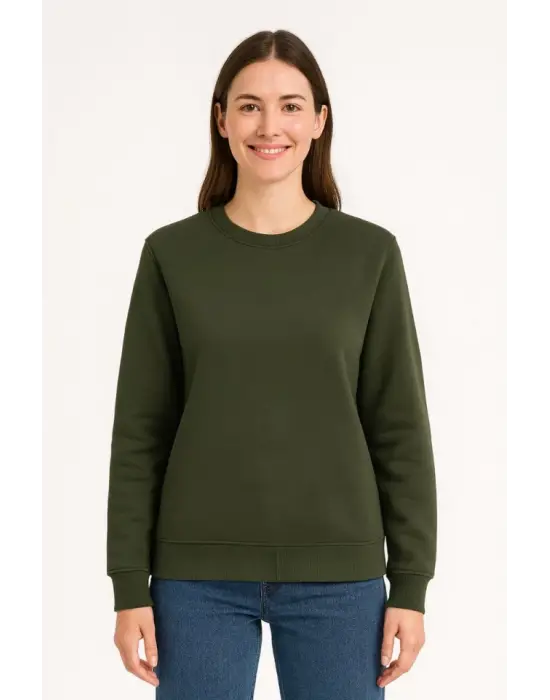 Üç İplik Düz Bisiklet Yaka SweatShirt - Haki