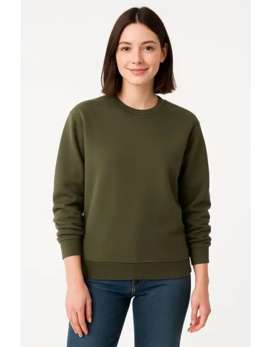 Üç İplik Düz Bisiklet Yaka SweatShirt - Haki