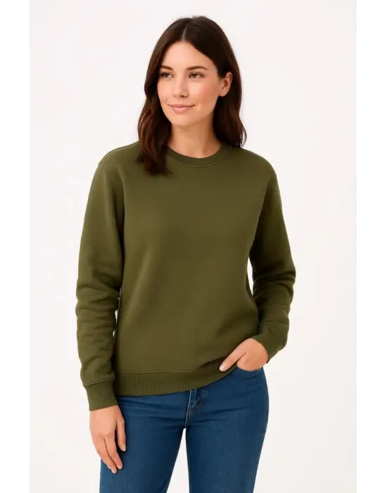 Üç İplik Düz Bisiklet Yaka SweatShirt - Haki