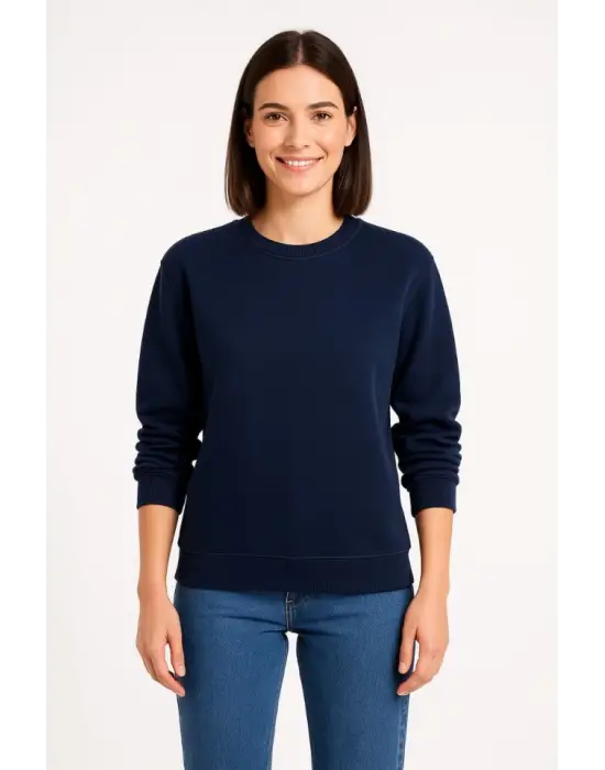 Üç İplik Düz Bisiklet Yaka SweatShirt - Lacivert