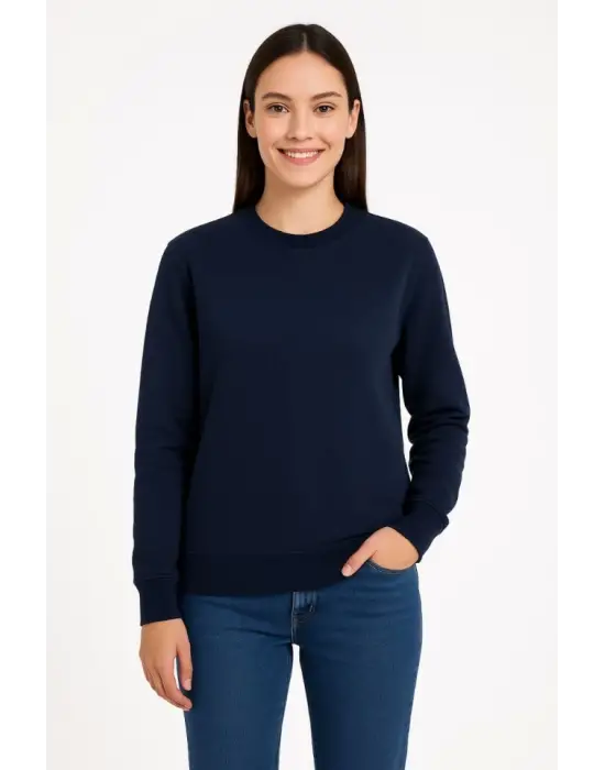 Üç İplik Düz Bisiklet Yaka SweatShirt - Lacivert