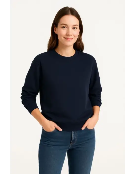 Üç İplik Düz Bisiklet Yaka SweatShirt - Lacivert