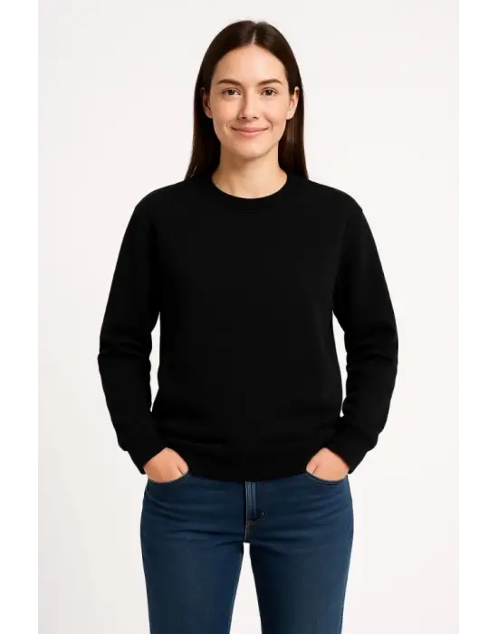 Üç İplik Düz Bisiklet Yaka SweatShirt  - Siyah