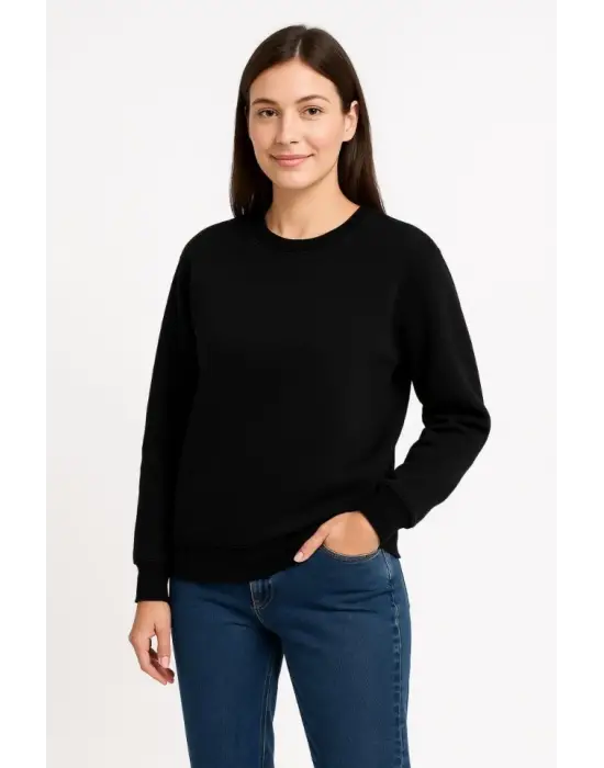 Üç İplik Düz Bisiklet Yaka SweatShirt  - Siyah